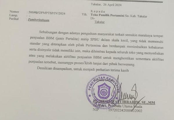 DPMPTSP Takalar Layangkan Surat Teguran ke Palaku Usaha Pertamini