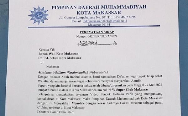 Pimpinan Daerah Muhammadiyah Tegas Tolak THM W Super Club Makassar