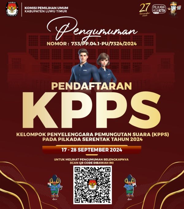 Komisi Pemiihan Umum (KPU) Luwu Timur (Lutim) membuka pendaftaran Kelompok Penyelenggara Pemungutan Suara (KPPS) pada pemilihan Gubernur dan Wakil Gubernur, Bupati dan waki Bupati tahun 2024 mulai hari ini, Selasa (17/09). Pendaftaran KPPS Pilkada 2024 dibuka hingga 28 September 2024.