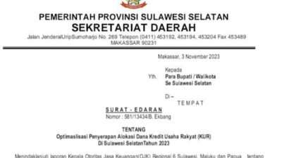 Pemprov Sulsel Keluarkan Surat Edaran Optimalisasi Penyerapan Alokasi Dana KUR