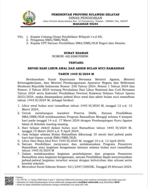 Sambut Ramadhan, Disdik Sulsel Keluarkan Surat Edaran Libur Sekolah
