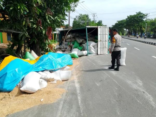 Truk Pengangkut 10 Ton Gabah Terguling di Maros