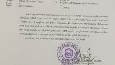DPMPTSP Takalar Layangkan Surat Teguran ke Palaku Usaha Pertamini