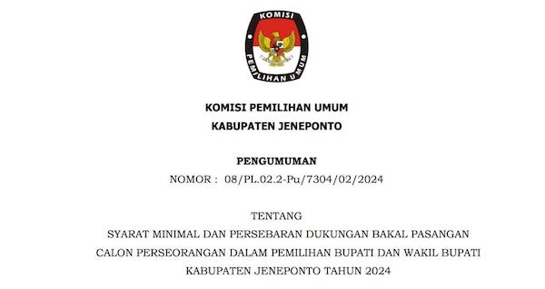 KPU Jeneponto Resmi Buka Pendaftaran Calon Independen, Simak Persyaratannya