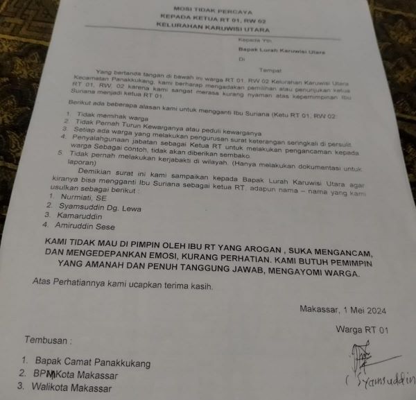 Ketua RT Karuwisi Utara Tanggapi Tuduhan Mosi Tidak Percaya Warga
