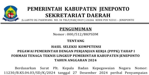 Pemkab Jeneponto Resmi Umumkan Hasil Tes Pengangkatan PPPK 2024