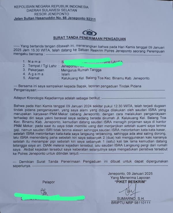 Petugas Tagih PNM Mekar Jeneponto Diduga Aniaya Nasabah, Korban Lapor Polisi!