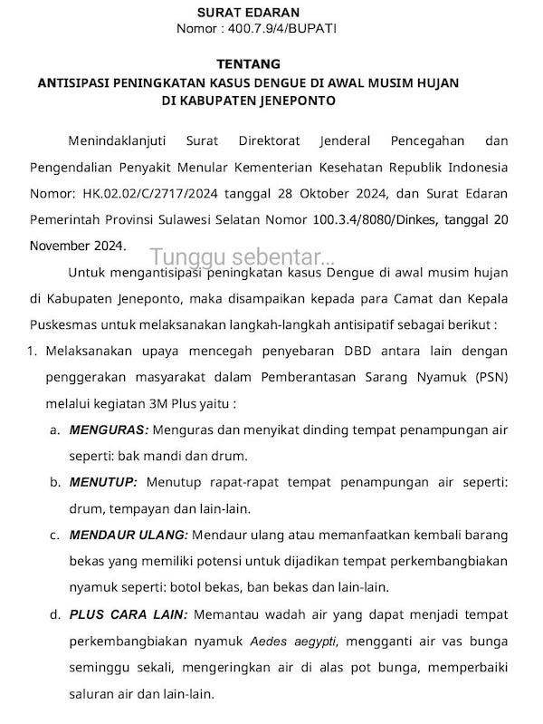 Tindaklanjuti Edaran Kemenkes, Pemkab Jeneponto Keluarkan Imbauan Pencegahan DBD