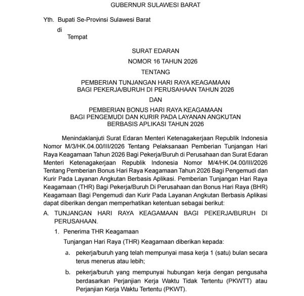 Pemprov Sulbar Terbitkan Edaran THR-BHR 2026, Ojol Dapat Bonus