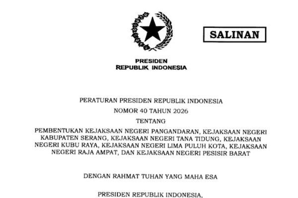 Prabowo Terbitkan Perpres Pembentukan Tujuh Kejaksaan Negeri Baru
