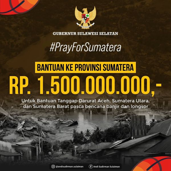 Gubernur Sulsel Berikan Rp1,5 Miliar Bantuan Keuangan Tanggap Darurat untuk Bencana di Sumatera