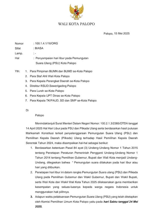 PSU Pilkada Palopo 2025, Pemkot Liburkan Seluruh Instansi dan Sekolah