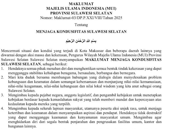 Jaga Situasi Kondusif, MUI Sulsel Serukan Persatuan Keumatan