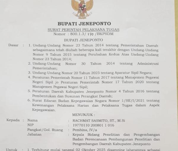 Resmi! Bupati Jeneponto Tunjuk Rachmat Sasmito Plt Kepala Dinas Kominfo