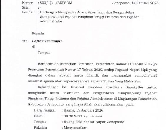 Surat Undangan Bocor, 5 Pejabat Eselon II Pemkab Jeneponto Santer Dimutasi Hari Ini!