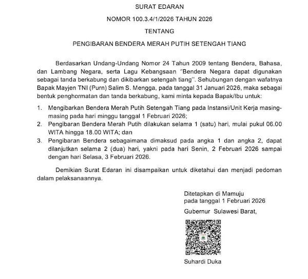 Berkabung, Pemprov Sulbar Instruksikan Pengibaran Bendera Setengah Tiang