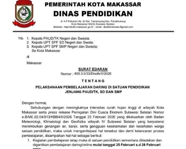 Cuaca Ekstrem, Disdik Makassar Terapkan Sekolah Daring 25-28 Februari 2026