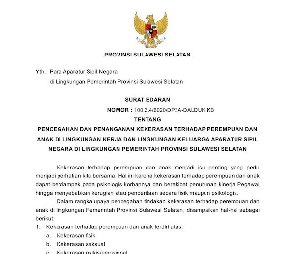 Pemprov Sulsel Terbitkan Edaran Anti Kekerasan terhadap Perempuan dan Anak bagi ASN