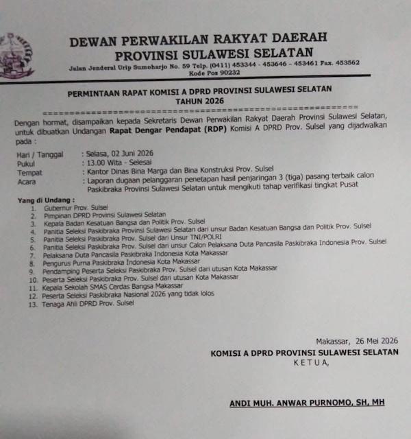 Hari ini, DPRD Sulsel Panggil Pansel Paskibraka Soal Dugaan Pelanggaran Seleksi
