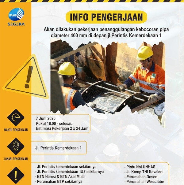 Perbaikan Pipa Distribusi di Perintis, PDAM Makassar Imbau Pelanggan Antisipasi Gangguan