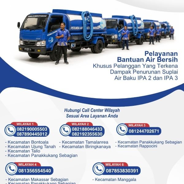 PDAM Makassar Siagakan Mobil Tangki Gratis untuk Pelanggan Terdampak IPA 2 dan 3