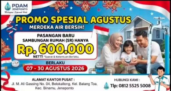 Spesial Kemerdekaan, PDAM Jeneponto Diskon Sambungan Baru Air Bersih Rp600 Ribu