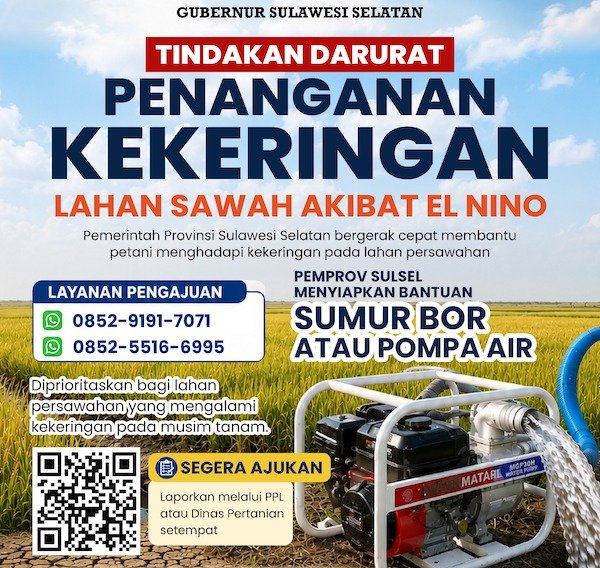 Perkuat Mitigasi Kekeringan, Gubernur Sulsel Siapkan Bantuan Pompa Air dan Sumur Bor untuk Wilayah Petanian