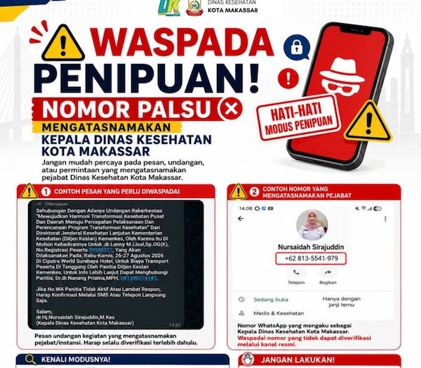 Awas! Nomor WhatsApp Palsu Catut Nama Kadinkes Makassar