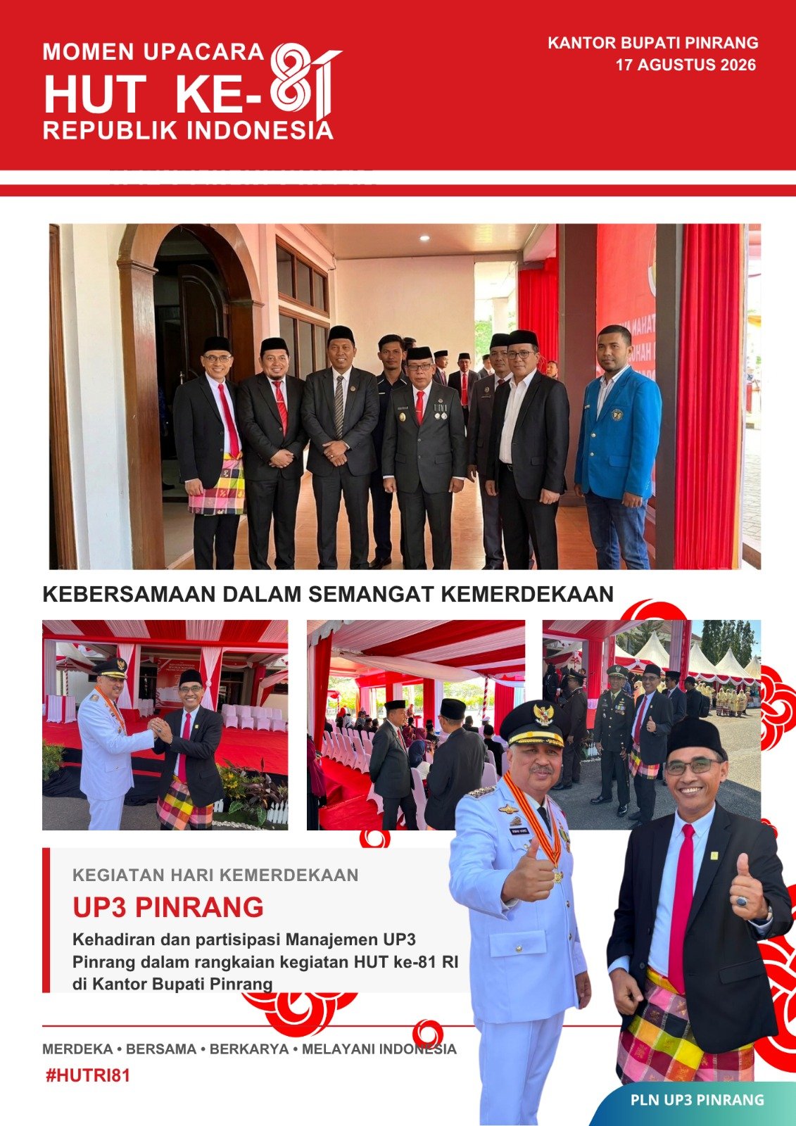 UP3 Pinrang Hadiri Upacara HUT RI ke-81 di Kantor Bupati