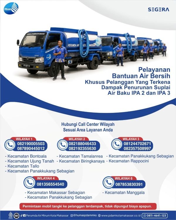 Suplai Air Menurun, PDAM Makassar Buka Layanan Tangki Gratis: Ini Nomor Telepon Tiap Wilayah