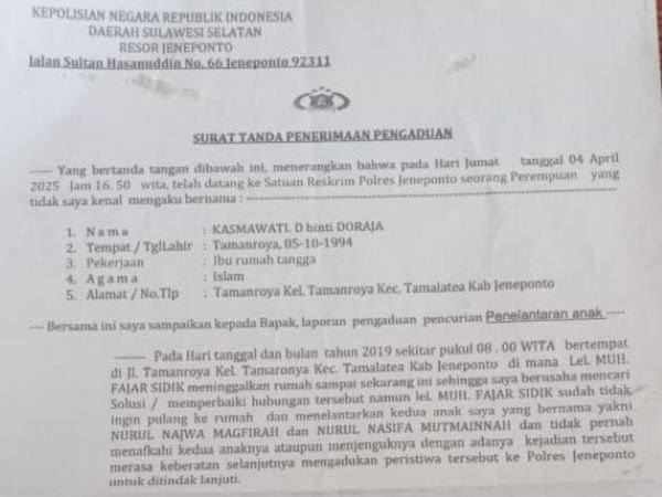 Laporan Penelantaran Istri dan Anak di Jeneponto Mandek, Pelapor Bakal Lapor ke Propam