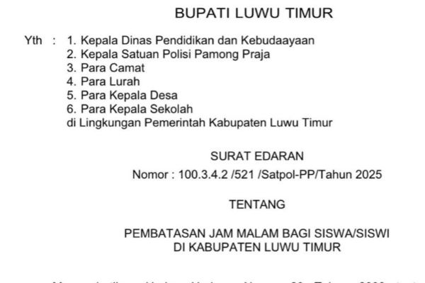 Pemkab Lutim Berlakukan Jam Malam untuk Pelajar, Dimulai Pukul 22.00 WITA